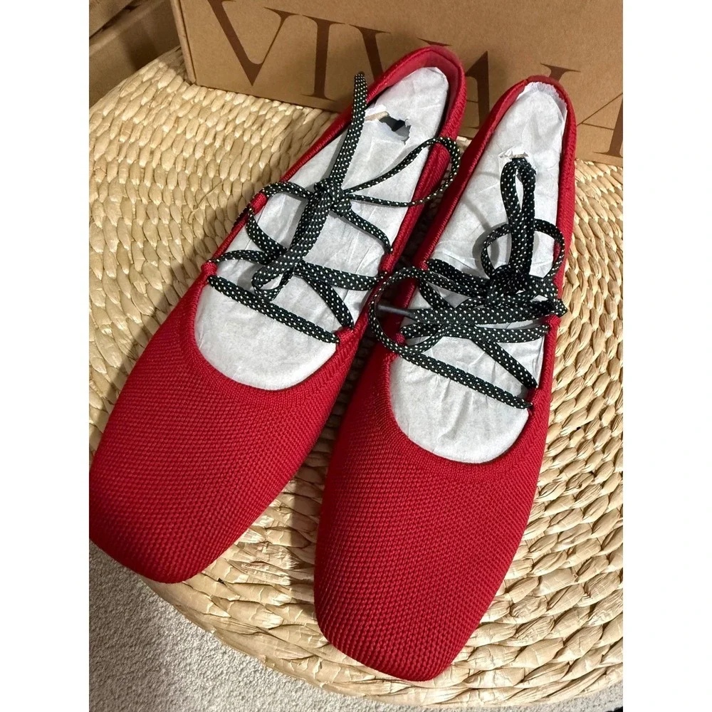 Vivaia Red Square Toe Knit Ballet Flats Lace Up Polka Dot size‎  EU/39 US/8